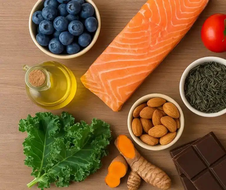 Tien ontstekingsremmende voedingsmiddelen op een houten ondergrond, waaronder zalm, blauwe bessen, avocado en kurkuma