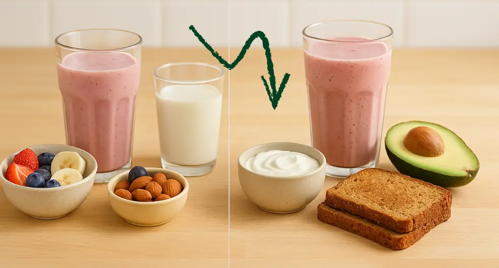 Twee ontbijten naast elkaar: links een lichte smoothie met fruit, rechts een voedzaam ontbijt met yoghurt, avocado en volkoren brood - illustratie van het verschil tussen vullen en voeden in holistische voeding.