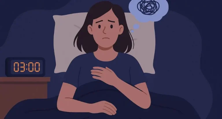 Illustratie van een vrouw die om 03:00 uur 's nachts wakker ligt in bed.