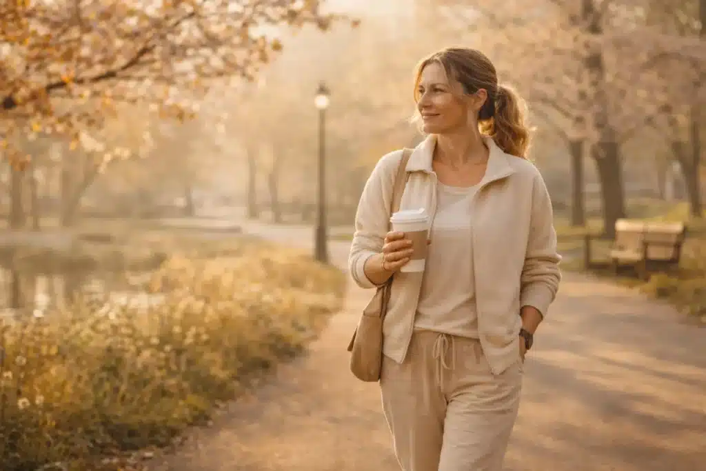 vrouw loopt in het bos met een beker koffie in haar hand