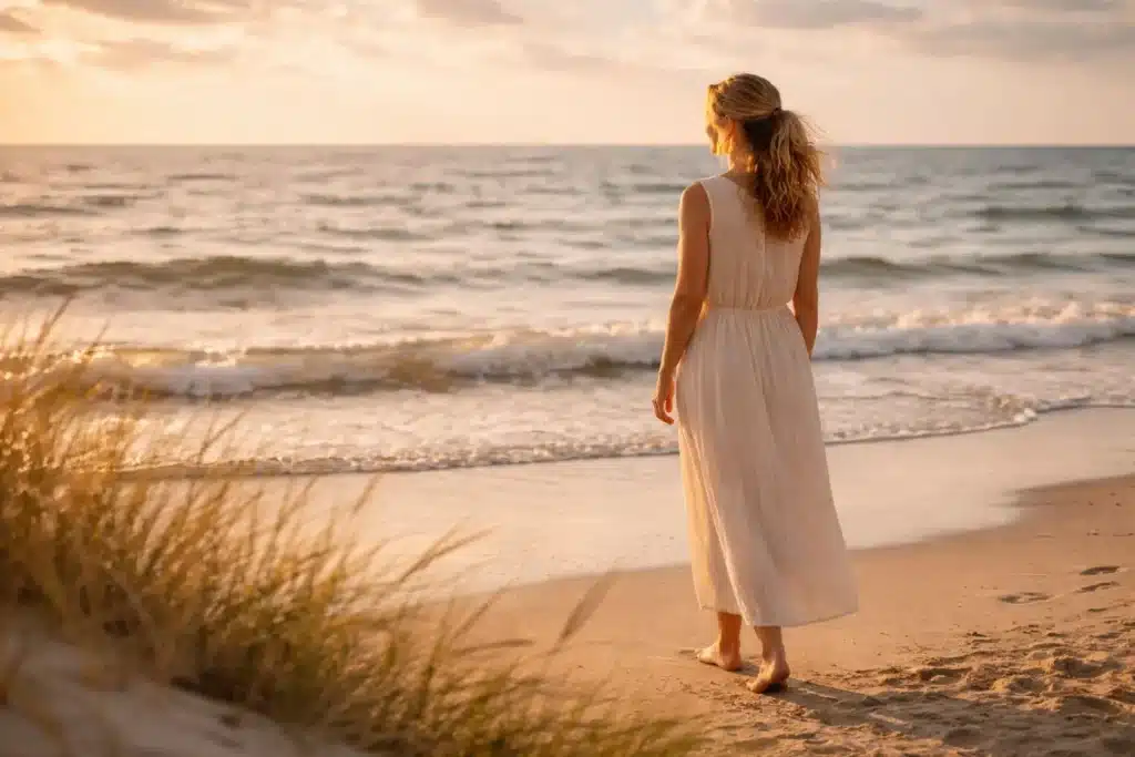 vrouw op het strand met haar voeten in het zand starend naar de zee