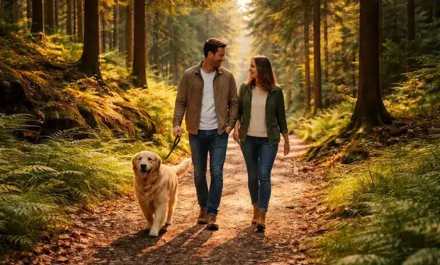 man en vrouw met hond wandelen op een bospad